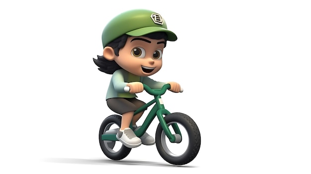 3d cartoon kid riding bicycle on white background