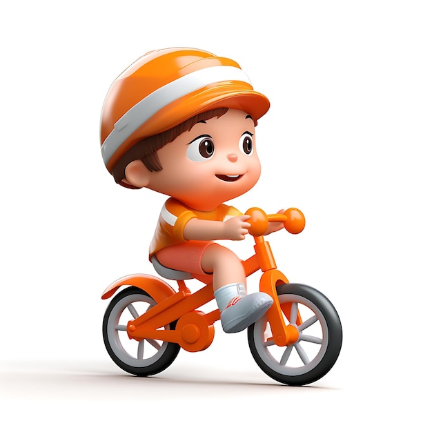 3D мультфильм ребенок катается на велосипеде на белом фоне