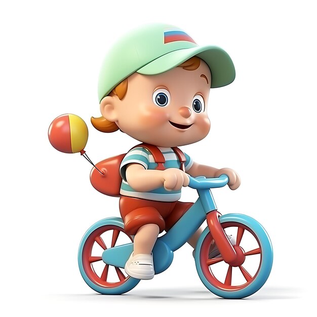 3d cartoon kid riding bicycle on white background