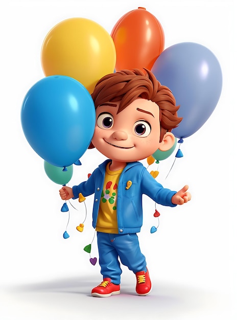 3D Cartoon of Kids Holding Balloons