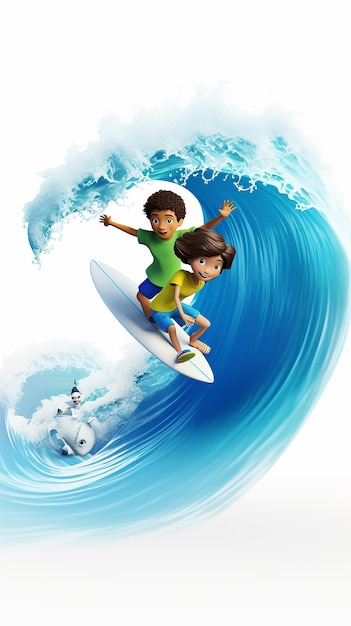 3D cartoon Kids play surfing on surfboard over big wave