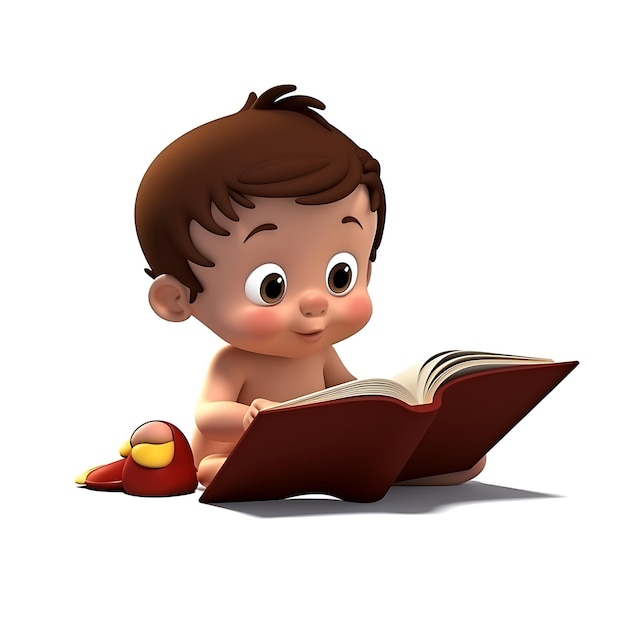 3D cartoon kind leesboek op witte achtergrond