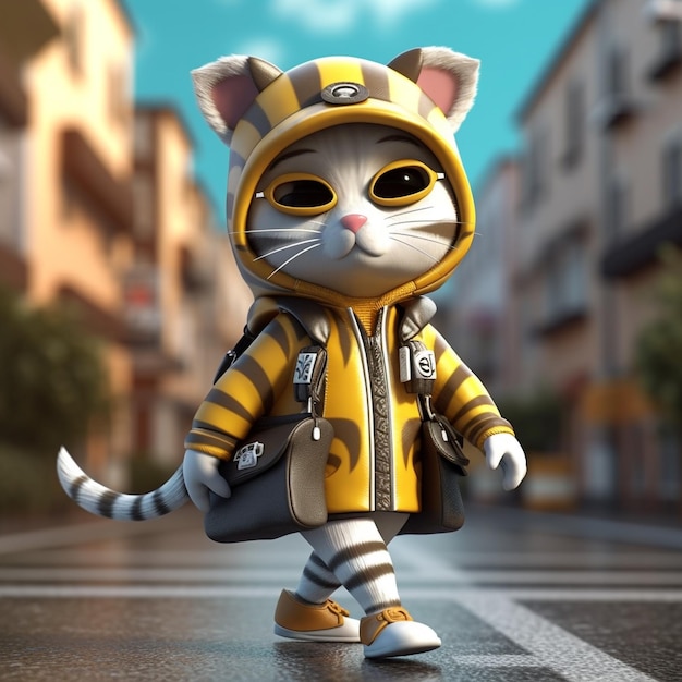 3D cartoon kitten wearing yellow coat walks around the street with backpack on his bag