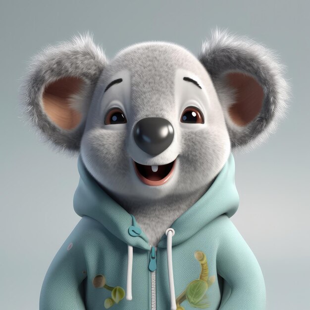 3D cartoon koala portret dragen van kleren staande vooraan studio verlichting generatieve ai