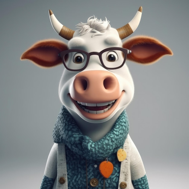 3D cartoon koe portret dragen kleding bril hoed en jas staan vooraan