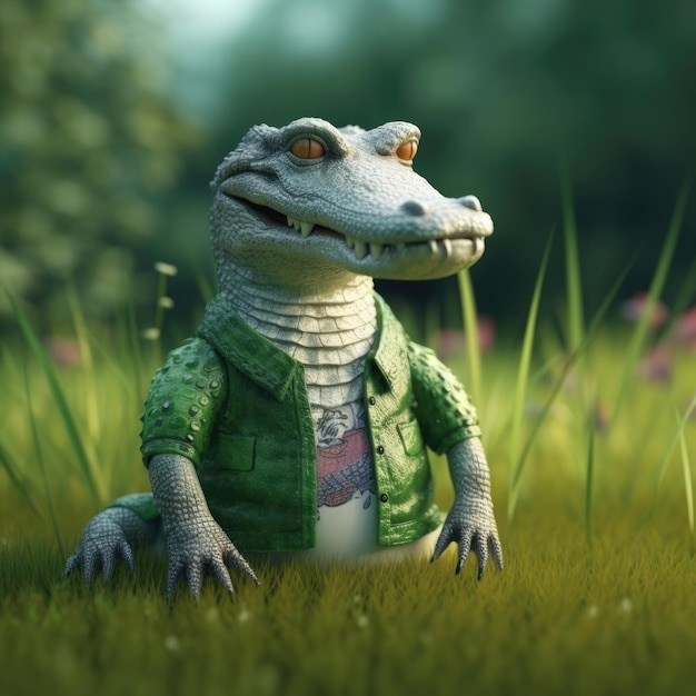 3D cartoon krokodil alligator portret dragen kleding bril hoed jas staande vooraan