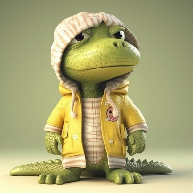 3D cartoon krokodil alligator portret dragen kleding bril hoed jas staande vooraan