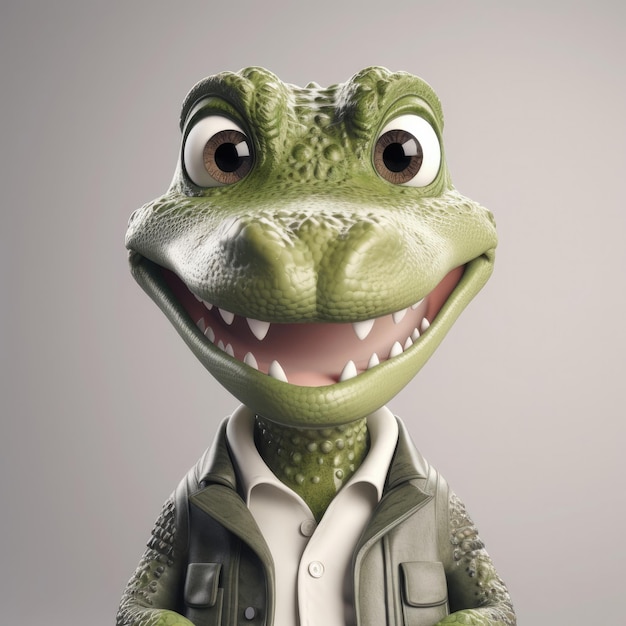 3D cartoon krokodil alligator portret dragen kleding bril hoed jas staande vooraan