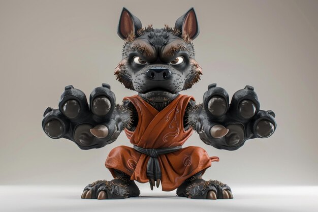 A 3D cartoon Kung Fu dog poised in a defensive stance