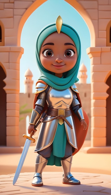 Foto 3d cartoon legendarische arabische moslim meisje ridder