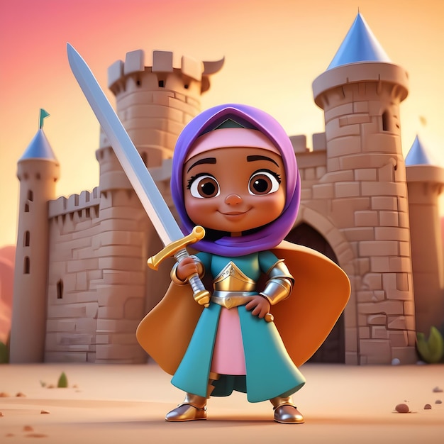 3D cartoon legendary Arab Muslim girl knight