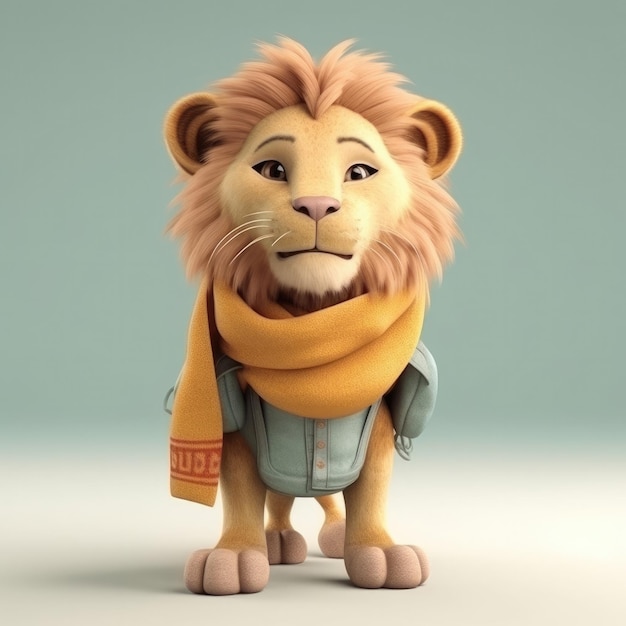 3D cartoon Lion portrait wearing clothes glasses hat and jacket standing in front