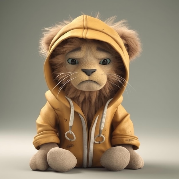 3D cartoon Lion portrait wearing clothes glasses hat and jacket standing in front