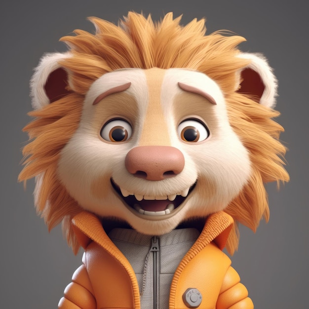 3D cartoon Lion portrait wearing clothes glasses hat and jacket standing in front