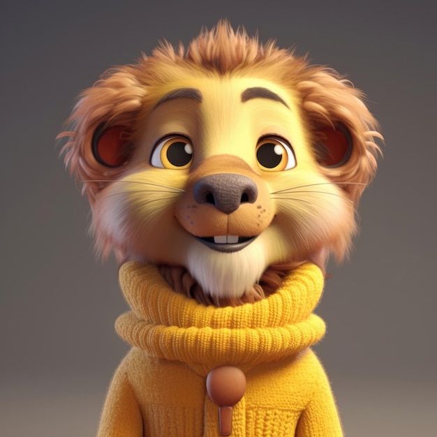 3D мультяшный портрет льва в одежде, очках, шляпе и куртке, стоящий впереди