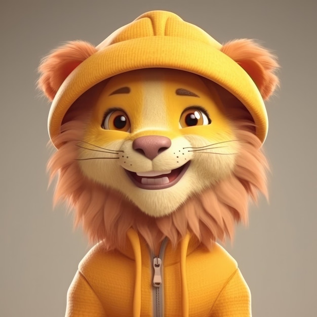 3D cartoon Lion portrait wearing clothes glasses hat and jacket standing in front