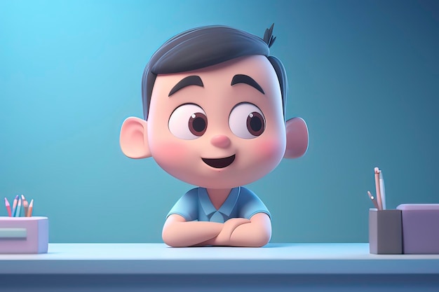 3D cartoon little boy in class AI technology generated image