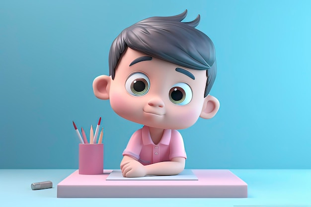 3D cartoon little boy in class AI technology generated image