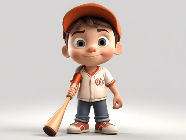 3D cartoon little Boy with baseball bat on white background