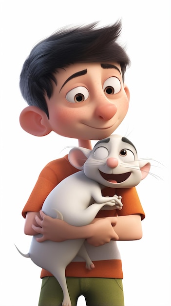 Foto 3d un cartone animato di un ragazzino con un topo su sfondo bianco