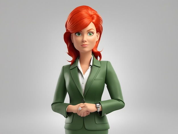 3D cartoon little Business Woman with a green jacket and red hair white background