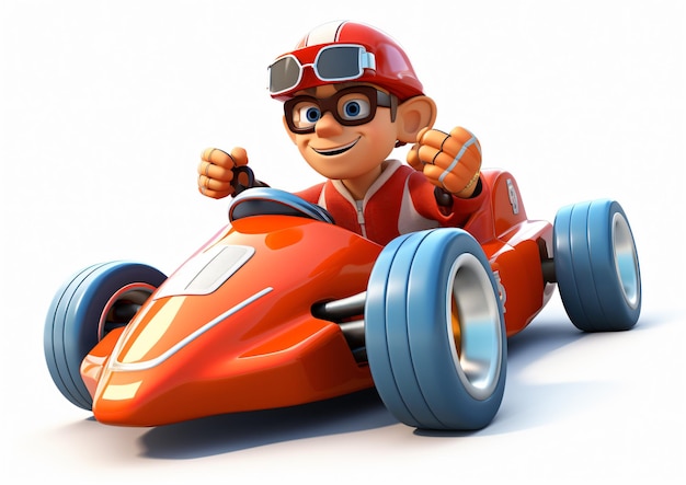 3D cartoon man besturen van een raceauto geïsoleerd op wit