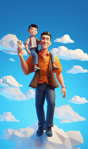 3d cartoon man carrying little boy in playful stance