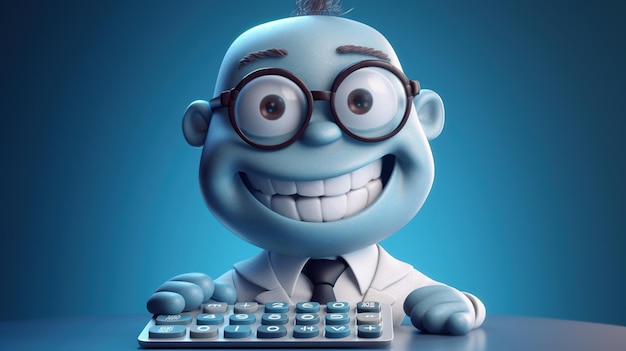 Фото 3d мультяшный персонаж бухгалтер с калькулятором концепции сбережений финансов и экономики