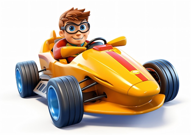 3D cartoon man driving a racing car isolated on white