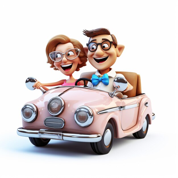 3D cartoon man en vrouw besturen van een auto geïsoleerd op wit