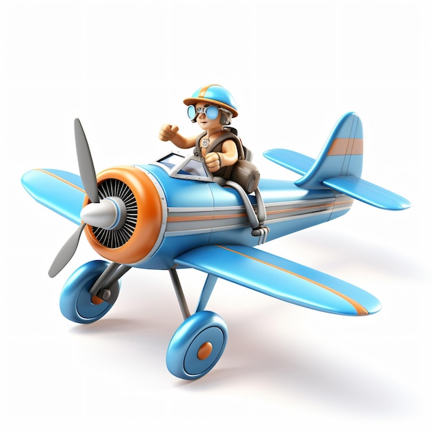 3D cartoon man flying in a retro airplane isolated