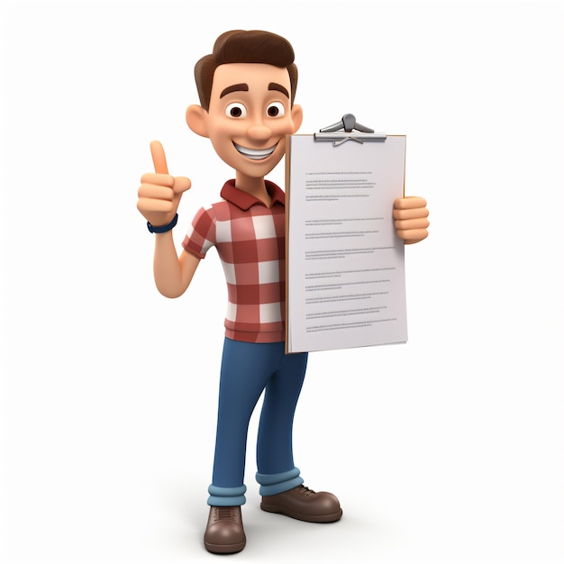 3D cartoon man pointing to a checklist isolated on white