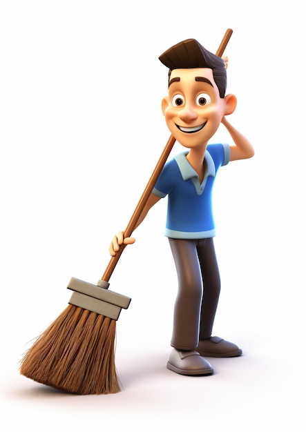 3D cartoon man pushing a broom isolated on a white