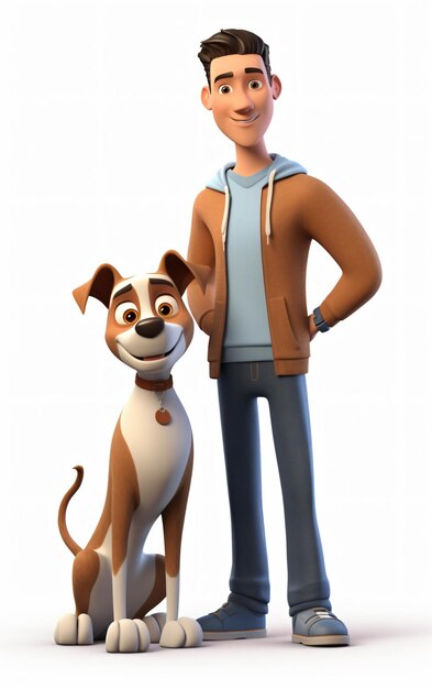 Foto 3d cartoon man staande met zijn hond geïsoleerd op wit