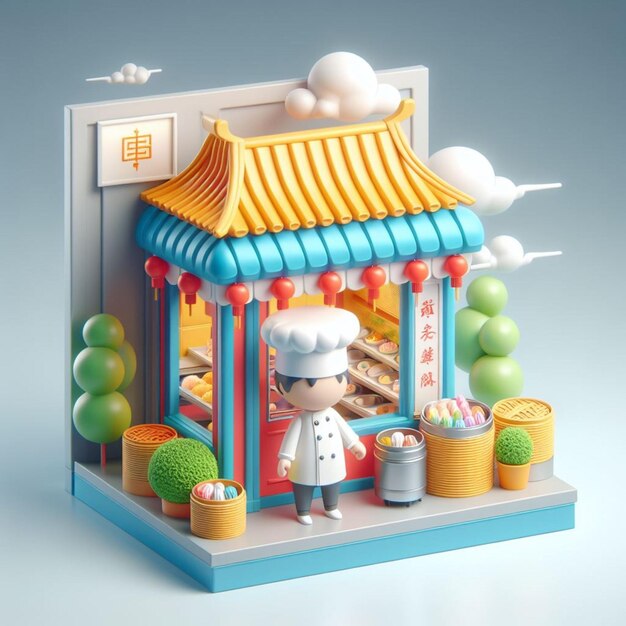 3d cartoon market dim sum store 3d illustraties en 3d model