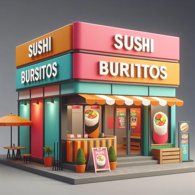 3d Cartoon market Sushi Burritos stall 3d shop and 3d illustrations and 3d model