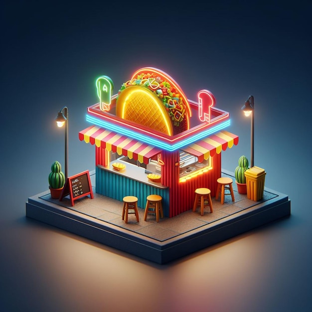 Photo 3d cartoon market taco stand stall 3d shop and 3d illustrations and 3d model