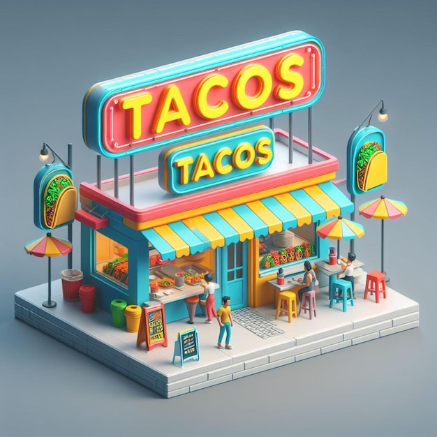 Photo 3d cartoon market taco stand stall 3d shop and 3d illustrations and 3d model