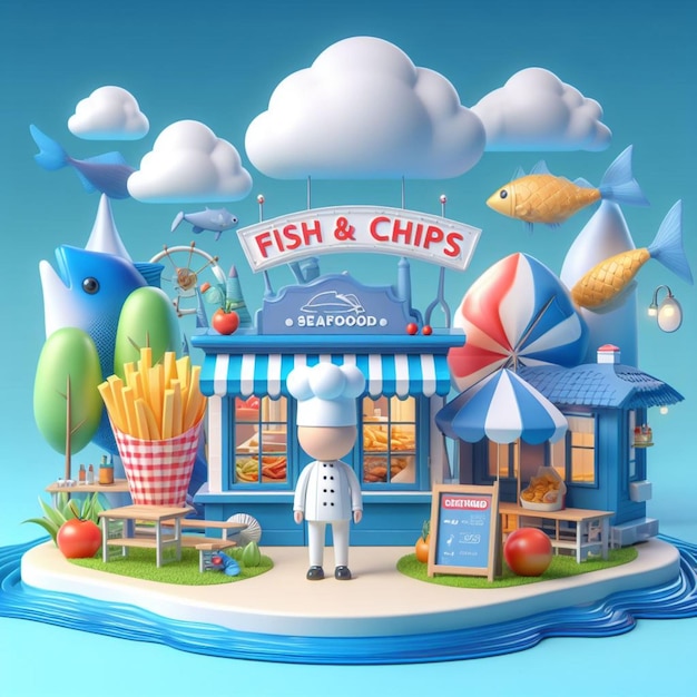 3d cartoon markt vis en chips 3d illustraties en 3d model