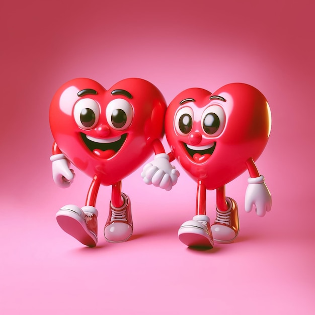 3d cartoon mascottes van een Valentijnsdag hart hand in hand en lachende roze achtergrond