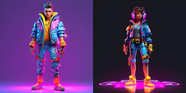 3D cartoon metaverse set Character in vibrant neon colors a cyberpunk vibe Front view Charm and a touch of futuristic flair Generative ai