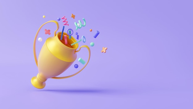 3D Cartoon minimal trophy cup icon floating purple pastel background sport banner cute smooth copy space reward prize congratulations champion 1st winner concept 3d render illustration