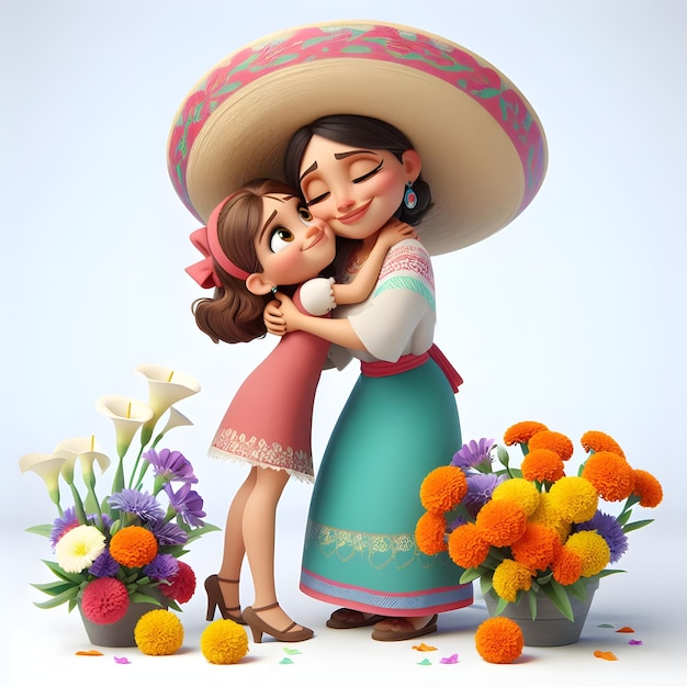 3D cartoon Moeder en dochter die elkaar knuffelen op Moedersdag