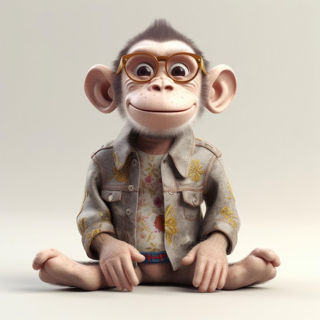 3D cartoon Monkey portrait wearing clothes glasses hat and jacket standing in front