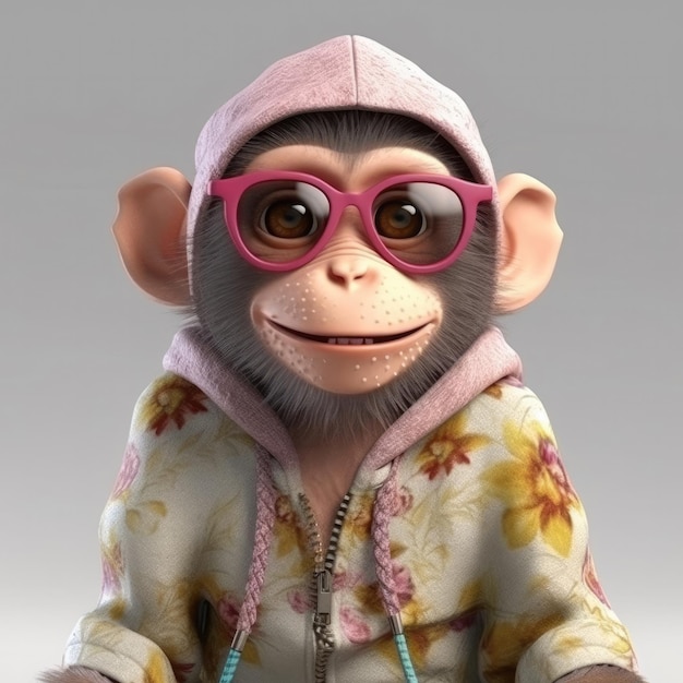 3D cartoon Monkey portrait wearing clothes glasses hat and jacket standing in front