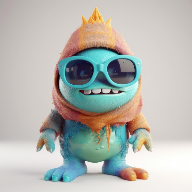 3D cartoon monster portrait wearing clothes glasses hat and jacket standing in front