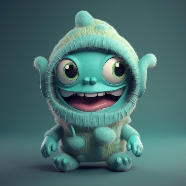 3D cartoon monster portret dragen kleding bril hoed en jas staan vooraan