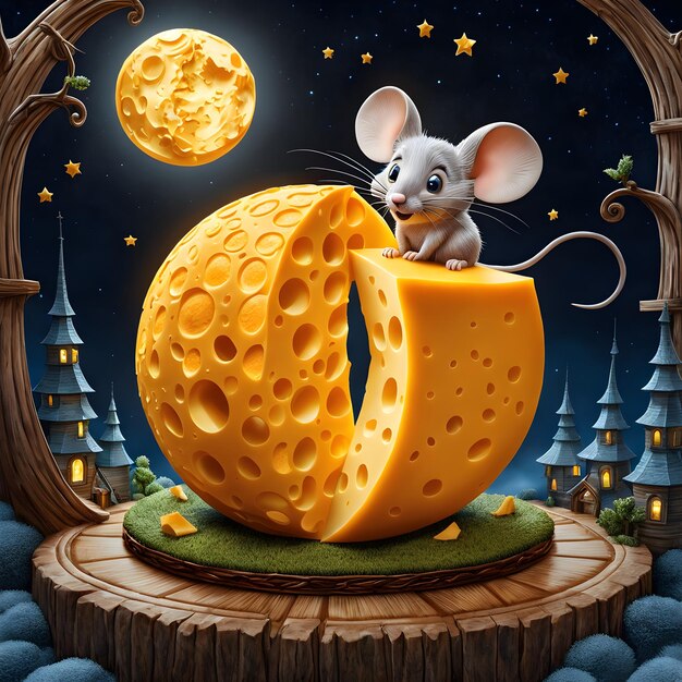 The 3D cartoon of a moon made of cheddar cheese with a cute little mouse sitting on it is absolutely