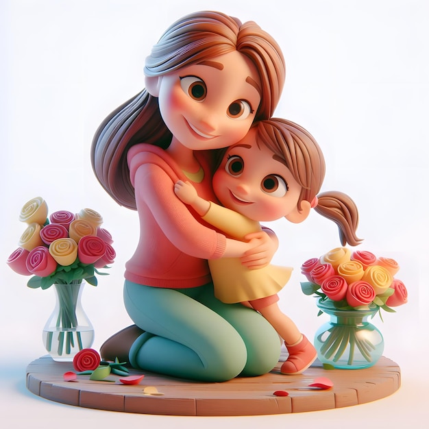 3d cartoon Mother and daughter hugging each others in mothers day