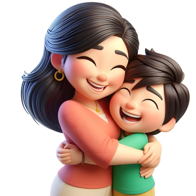 Photo 3d cartoon mother and son hugging each others in mothers day